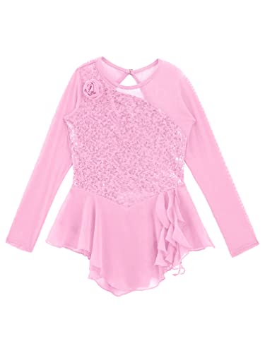 Agoky Kids Girls Sequins Figure Ice Skating Dress Hollow Back Mesh Gymnastics Leotard Wrap Skirt Ballet Lyrical Dance Costume Pink 6 Years #TOP2
