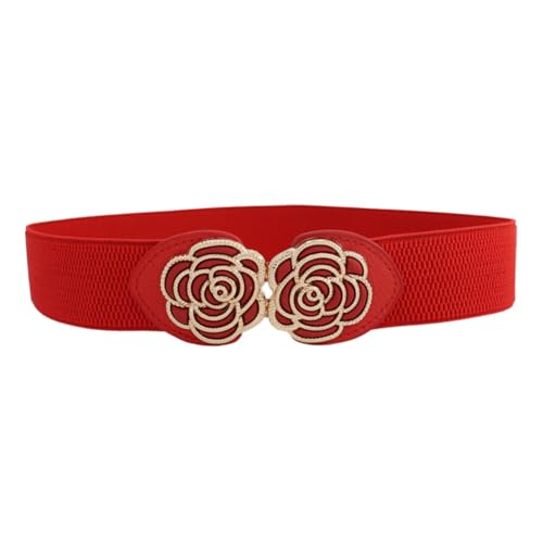 Women Belt for Jeans Dress Cinch Waist Belt for Ladies Faux Leather Belt with Gold Buckle Flower Elastic Waistband Girdle Decorative (Red)