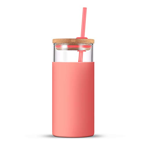 tronco 20oz Glass Tumbler Straw Silicone Protective Sleeve Bamboo Lid - BPA Free (Living Coral)