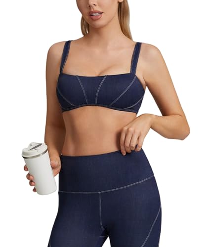 Move With You Womens Denim Sports Bras- Scoop Neck Yoga Contrast Low Coverage Padded Bra 014