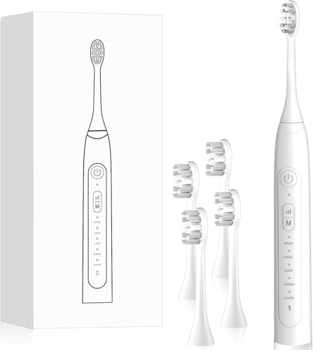 電動歯ブラシ ソニック 電動音波はぶらし振動 口腔洗浄 IPX7防水 USB充電式 5モード 4本替えブラシ付属 (本体+4ブラシヘッド)