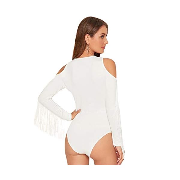 SweatyRocks-Womens-Cold-Shoulder-Fringe-Long-Sleeve-Sheer-Mesh-Jumpsuit-Bodysuit SweatyRocks Women's Cold Shoulder Fringe Long Sleeve Sheer Mesh Jumpsuit Bodysuit White X-Small
