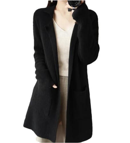 100% Wool Sweater Coat Women's Open Front Long Cardigan Sweater Solid Color Knitted Jumper (Black XL)