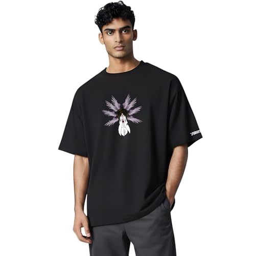 Image of Yume Men's Oversized Aizen Sosuke Anime Printed T-Shirt | 240 GSM Cotton Crew Neck Tee | Lavender & Black Beige Dual-Tone | Bleach Villain Merch | Long Length Drop Shoulder Streetwear (Black)