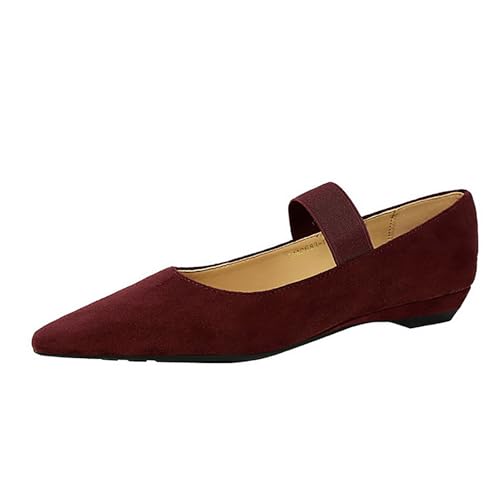 Women's Suede Pointed Toe Mary Jane Walking Shoes Elastic Band Elegant Lightweight Ballet Flats Casual Comfortable Low Wedge Dress Shoes