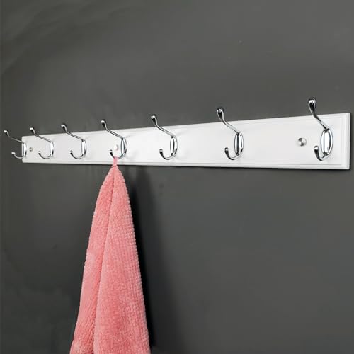 lomejii Long Wooden Wall Coat Rack White Wood 7 Silver Hooks, 90 cm, Strong Wall Coat Hook Rail for Coat Hat, Bag - Image 2
