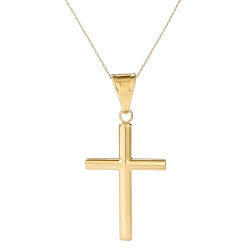 Amanda Rose Collection High-Polish Round Tube Cross Pendant for Women in 14K Yellow Gold on a Matching Gold Chain Adjustable 18-20 inches | Solid Gold Stamped for Authenticity