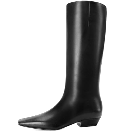 Knee High Boots for Women Kitten Low Block Heel Wide Calf Square Toe Crocodile Boots Flat Tall Boots with Side Zipper Riding Gogo Boots2