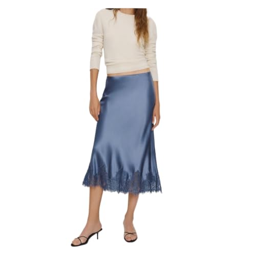Jupe en satin pour femmes avec dentelle chic et taille élastique confortable