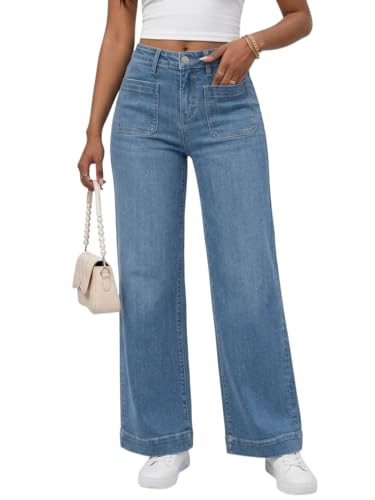 PerZeal Wide Leg Jeans for Women Trendy High Waisted Flare Jeans Straight Denim Pants Stretchy Baggy with Patch Pockets Blue Large
