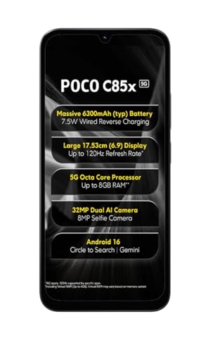 Image of POCO C85x 5G Smartphone, Elite Black, 6.9 Inch Display, 32MP Dual AI Camera, 6300mAh Battery, 64GB Storage, 4GB RAM, Android 16