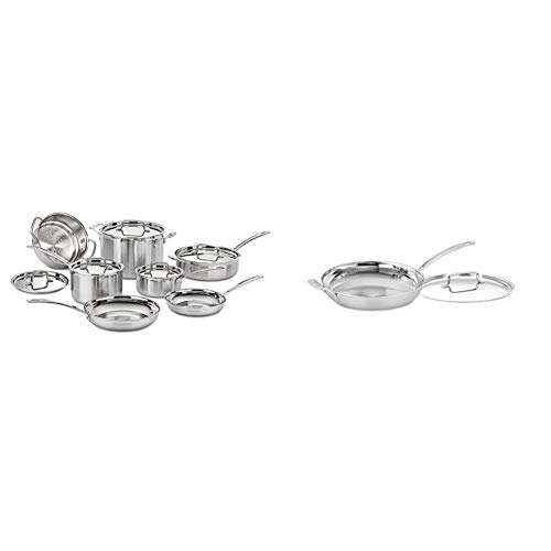 Image of 12 Piece Cookware Set by Cuisinart, MultiClad Pro Triple Ply, Silver, MCP-12N & MCP22-30HCN MultiClad Pro Skillet with Helper and Cover, 12-Inch