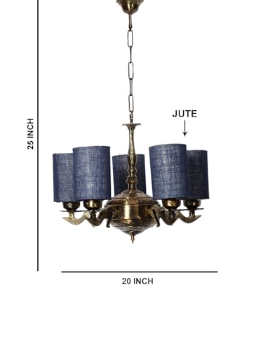 Image of Devansh 05 Lights Blue Jute Round Shade with Antique Golden Chandelier