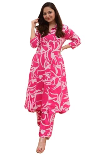 Leriya Fashion Women's Anarkali Rayon Floral Printed Kurta Pant Set | High-Low Hem & 3/4 Sleeves | Ethnic Co-ord for Festive & Casual Wear | Co ord Set For Women Stylish | 2 Piece Dress For Holiday Look & Puja