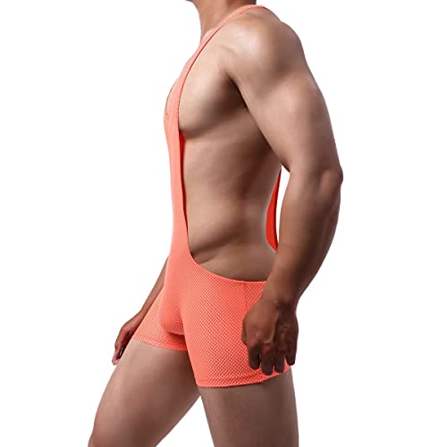 Yufeida Men's Athletic Supporters One Piece Bodysuit Mesh Breathable Active Wrestling Leotard Stretchy Base Layers Boxer Singlet (Xl, Orange) #TOP1