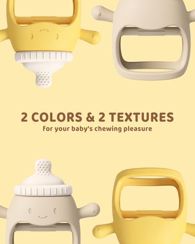 Image of 2 Packs Baby Teething Toy Silicone Teething Mitten for Babies Over 3 Months Anti Dropping Wrist Hand Teethers Baby Chew Toys for Sucking Needs, BPA Free (BabyBottle Yellow)