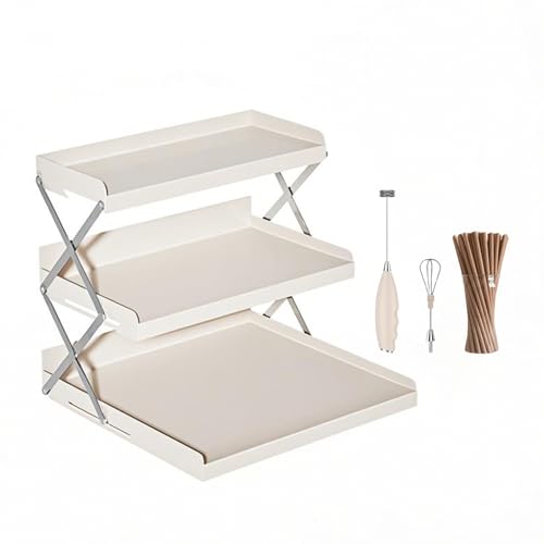Spice Rack, Carbon Steel Foldable Kitchen Storage, 3-Tier Cup Organizer, 2-Level Adjustable, Cream Counter Shelves, Includes Milk Frother and 100 Straws