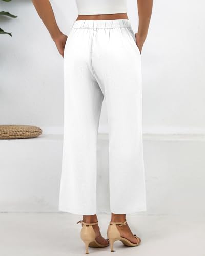 Neer Women's Cotton Linen Palazzo Pants, Casual Wide Leg Lounge Pants Summer High Waisted Flowy Trousers with Pockets(White,L)3