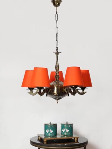 Image of Devansh 05 Lights Orange conical Cotton Shade with Antique Golden Chandelier