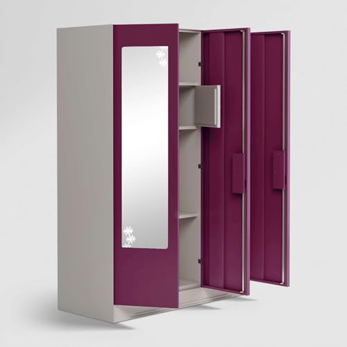 Image of Interio by Godrej Almirah Slimline 3-Door Steel Almirah, Cupboard for Clothes (Purple), 1-Year Warranty, 7 Shelves, 1 Locker, Star Design Mirror