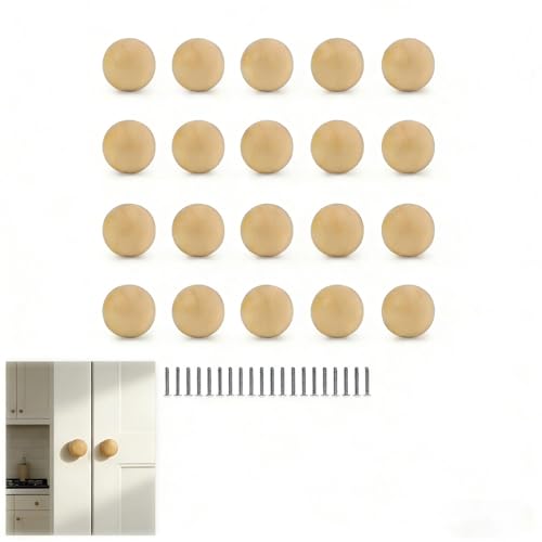 TIANLIN 20 Stück Schrankknöpfe Holz, 30 mm Kugelförmige Möbelknopf Holz, Runder Holzknauf mit Schrauben, Glatte Oberfläche, für Schränke, Möbel, Kleiderschrank und Schubladen
