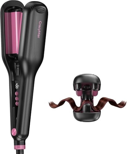 CrazyMar Wave Curling Iron Hair Crimper for Women - 15s Fast Heat-Up Smart Timer Easy Clamp for Instant Beach Waves & 24H Curls - Salon Styling for Beach Work Travel 1inch (Black)