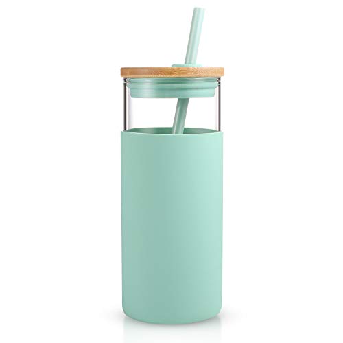 Tronco 20 oz Glass Tumbler with Lid and Straw, Iced Coffee Cup and Smoothie Cup with Bamboo Lids & Protective Silicone Sleeve, Dishwasher Safe, BPA-Free, Glass Cup 1 Pack