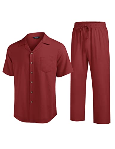 COOFANDY Men Beach Linen Outfits Sets 2 Piece Cuba Guayabera Shirts Summer Island Sets