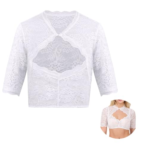 Aomig Damen Dirndl Bluse, Weiße Spitze Trachtenbluse mit Rundhals und Kurzarm, Elegant für Oktoberfest, Stretch Halbarm Tracht Bluse(L)