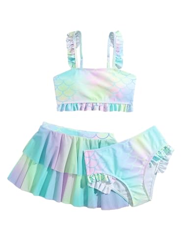 WDIRARA Girl's 3 Pieces Bikini Set Ombre Bathing Suit with Layered Ruffle Cover Up Skirt