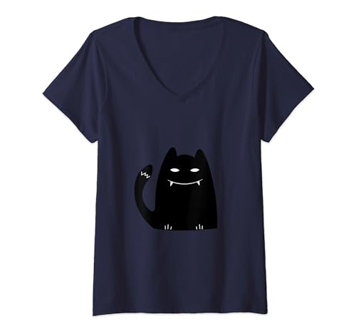 Vampire Cat Halloween Shirt, Cute Black Cat Spooky Vintage Maglietta con Collo a V