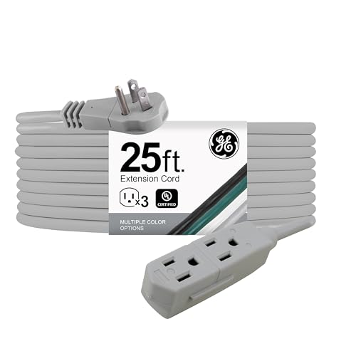 GE 3-Outlet Flat Extension Cord 25 Ft Grounded Extension Cord with Multiple Outlets 3 Prong Outlet Extender Flat Plug Indoor Power Strip 16 Gauge UL Listed Gray, 43025