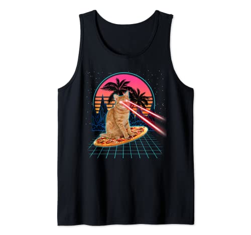 Cat Riding Pizza Laser Eyes 80s Cat In Space Cats Lovers Canotta