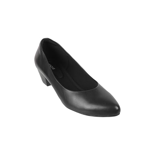 Image of Mochi Women Black Synthetic Pointed Toe Mid Heel Pumps with Bow Detail, Slip On Formal Office Wear Shoes