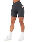 Picture of SUUKSESS Women Cross Waist Workout Shorts with Pockets Ribbed High Waisted Booty Biker Shorts (#1 Grey, S)