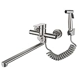 BNCXMO Wandmontierte Küchenarmatur Edelstahl gebürstete Wasserhahn mit Sprühpistole drehbar heiß und kaltes Wasser Multifunktion Küchenarmaturen