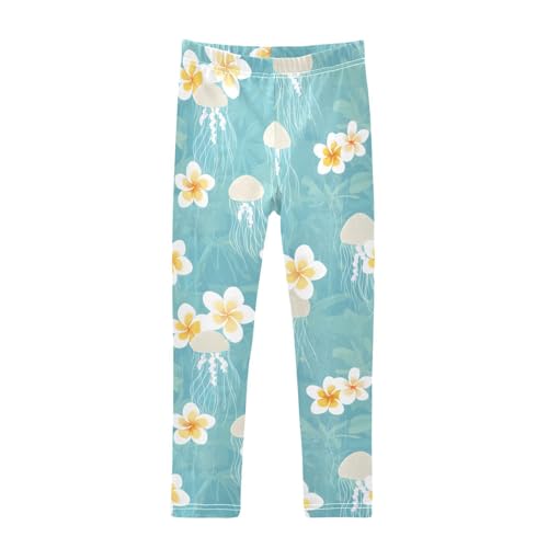 White Plumeria Jellyfish Floral Girls Leggings Ultra Soft Compression Yoga Gym Pants for Kids 4-10T