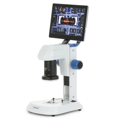 Image of AmScope DM745 Series Digital Microscope for Industrial Inspection - 0.7X-4.5X Magnification - Includes Camera & 9-Inch Screen - Dual LED Lighting - On Track Stand