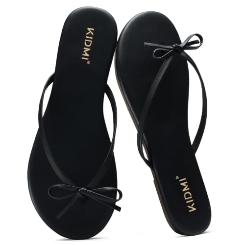 KIDMI Thong Flip Flops for Women - Memory Foam Summer Beach Sandals for Women - Vegan Leather Flat Sandals,Bow Black EU 37