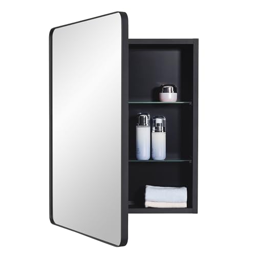 Image of IDYLLOR Black Bathroom Mirror Medicine Cabinet with Round Corner Framed Door 20 x 26 inch, Recessed or Surface Mount, with Adjustable Glass Shelves