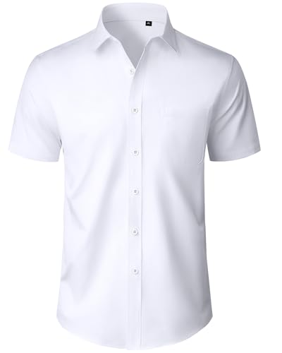 Alimens & Gentle Mens White Short Sleeve Dress Shirt No Iron Wedding Business Summer Button Down Shirt with Pocket L