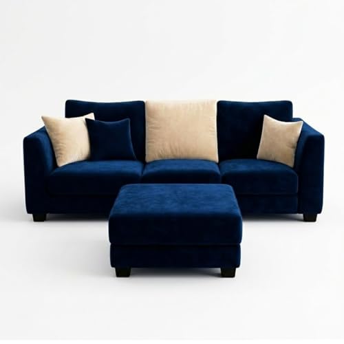 Image of SOCOZI Trevano 4 Seater L Shape Sofa Set with Movable Ottoman | Flexible Left or Right Layout | Soft Velvet Suede Fabric | Modern Design | Plush Comfort Cushions for Living Room (Dark Blue-Cream)