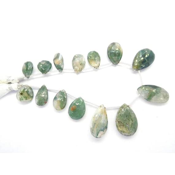 Agate mousse facettée en poire briolette fil 20cm pour la création de bijoux uniques