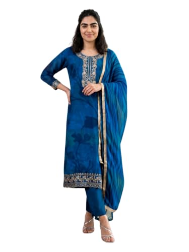 Image of Naixa Women's Blue Viscose Silk Embroidered Printed Straight Kurta with Silk Blend Pant Georgette Printed Dupatta Set | 3 /4th Sleeve | Round Neck | Festive Suit