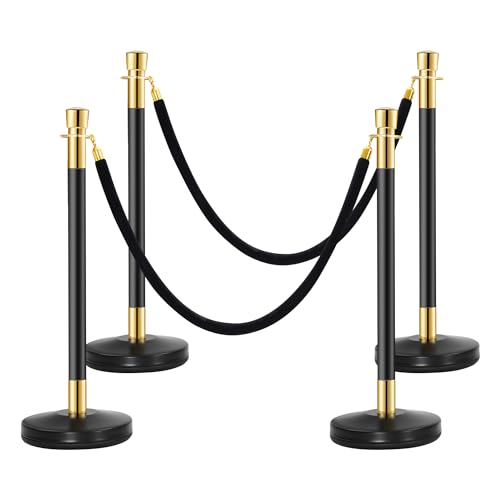 Dragosum Stainless Steel Stanchion 4 Pcs Red Carpet Ropes and Poles, Crowd Control Barriers, Post Queue with 3 Pcs Velvet Rope, Crown Top Sand Injection Hollow Base for Party, Wedding (Black Rope)