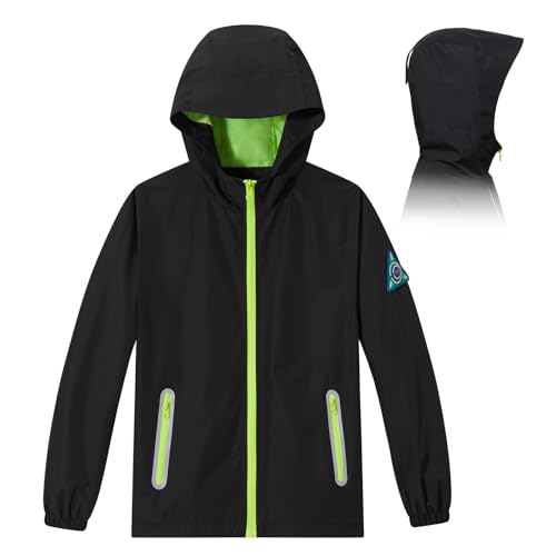Veridra Kids Rain Jacket with Air Vents Mesh Lining, Hooded Raincoats with Extended Brim for Boys Girls Lightweight Waterproof Windbreaker Coat (Black Yellow,10-12 Years)