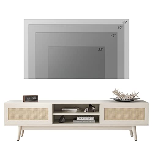 Soohow Wood Bedroom, 65" Farmhouse Unique Boho Wooden Coffee Entertainment Center Living Room Rattan Table, Tv Stand With Storage Media Console,White #TOP6