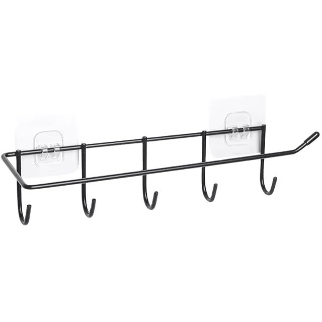 2 in 1 Self Adhesive Steel Toilet Paper Tissue Holder Stand with 5 Hook Utensil Mug/Cup Rail Design Wall Mount Kitchen Roll for Bathroom Hanging Shelve Storage Rack Hanger No Drill - Home (Black) (2) (B0D3VJ5V5N) Amazon Price History, Amazon Price Tracker