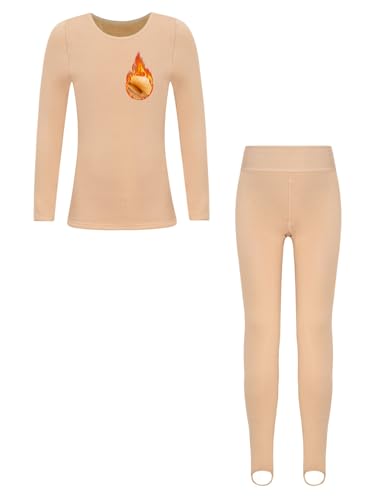easyforever Kid Girl Thermal Underwear Set Dancewear Long Johns Tops With Leggings For Ballet Gymnastics Training Performance B Nude 3-6 Years