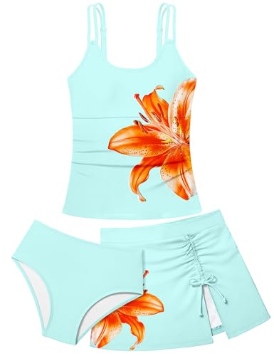 Image of Girls Swimsuit Tropical 3 Piece Tankini Adjustable Strap Bathing Suit Solid Modest Swimwear with Drastring Skirt 9-16y